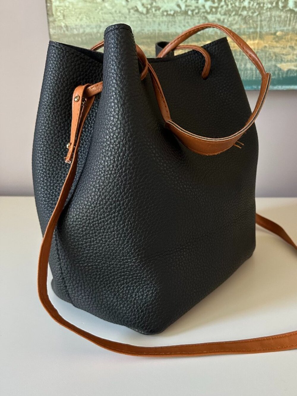 Vintage Black Pebbled Leather Bucket Bag and Change Purse
